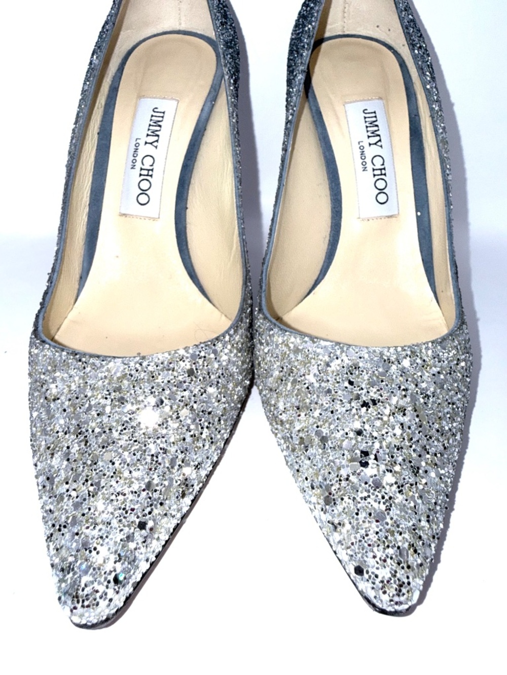 Jimmy Choo 38 Silver Dusk Blue Fireball Glitter 4 inch stiletto heel - Picture 2 of 5